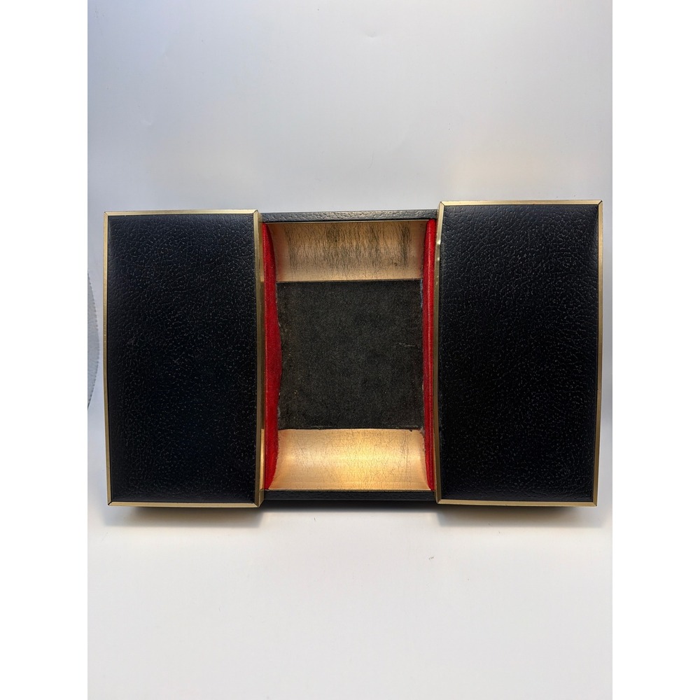 Vintage Black Faux Leather Valet Tray Jewelry Box Red Velvet Gold Trim 11.5in